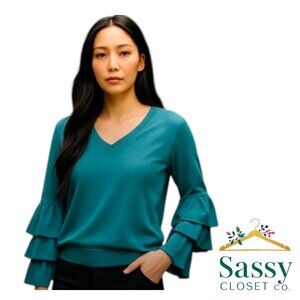 WENDY WILLIAMS Sweater – Fall Layer, Tiered Bell Sleeves, V-Neck, M